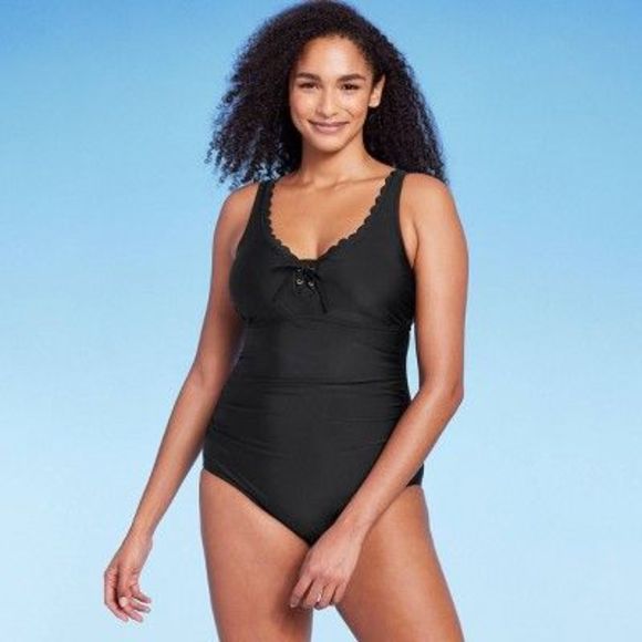Women's Grommet Scallop Full Coverage One Piece Swimsuit - Kona Sol Black M - Picture 2 of 5